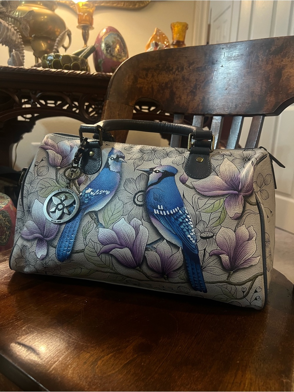 Anuschka Hand Painted Leather Satchel Northern Jays Large Multicolor